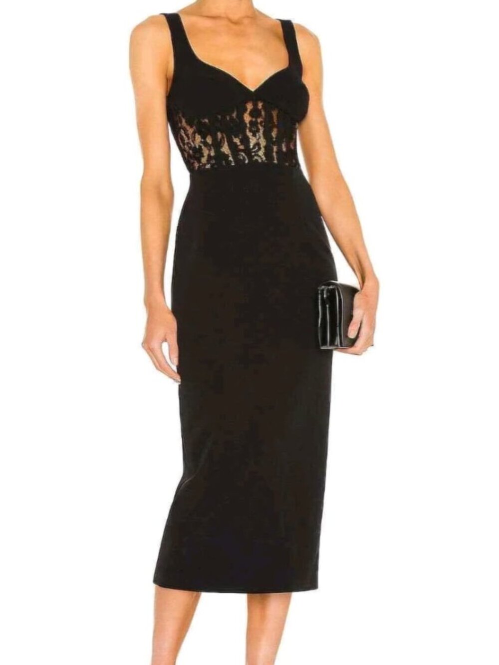 Bardot Black Corset Lace Panel Dress Women's XS 4 Sleeveless Back Slit Midi